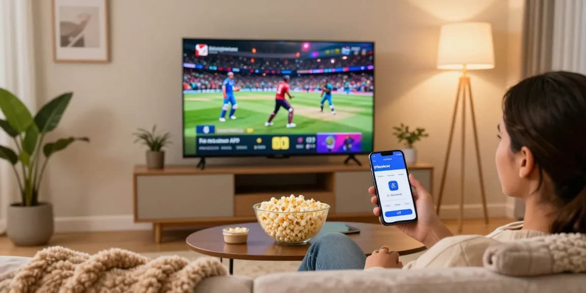 Pikashow APK download showcased in a cozy living room, viewer streaming movies and IPL matches on Smart TV.