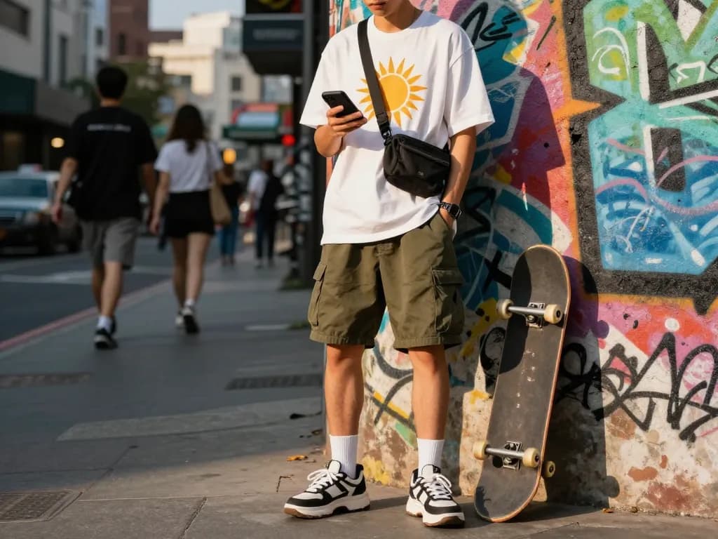 Street fashion with a sunwin t-shirt on a stylish individual against urban graffiti backdrop.