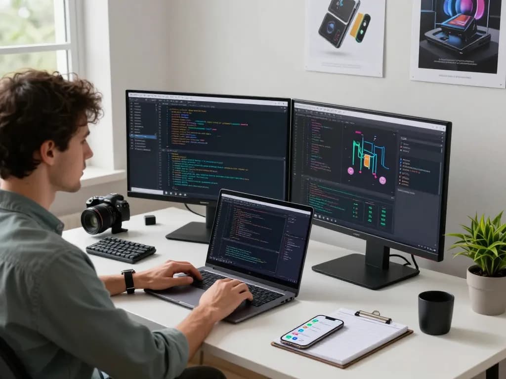 Software developer utilizing moltbot in a modern workspace with dual screens and coding tools.