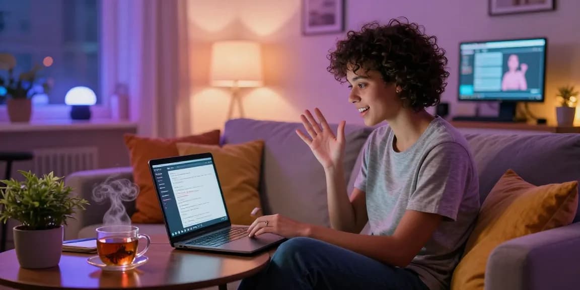 Engaging in a sex chat AI conversation in a cozy home office with a vibrant atmosphere.