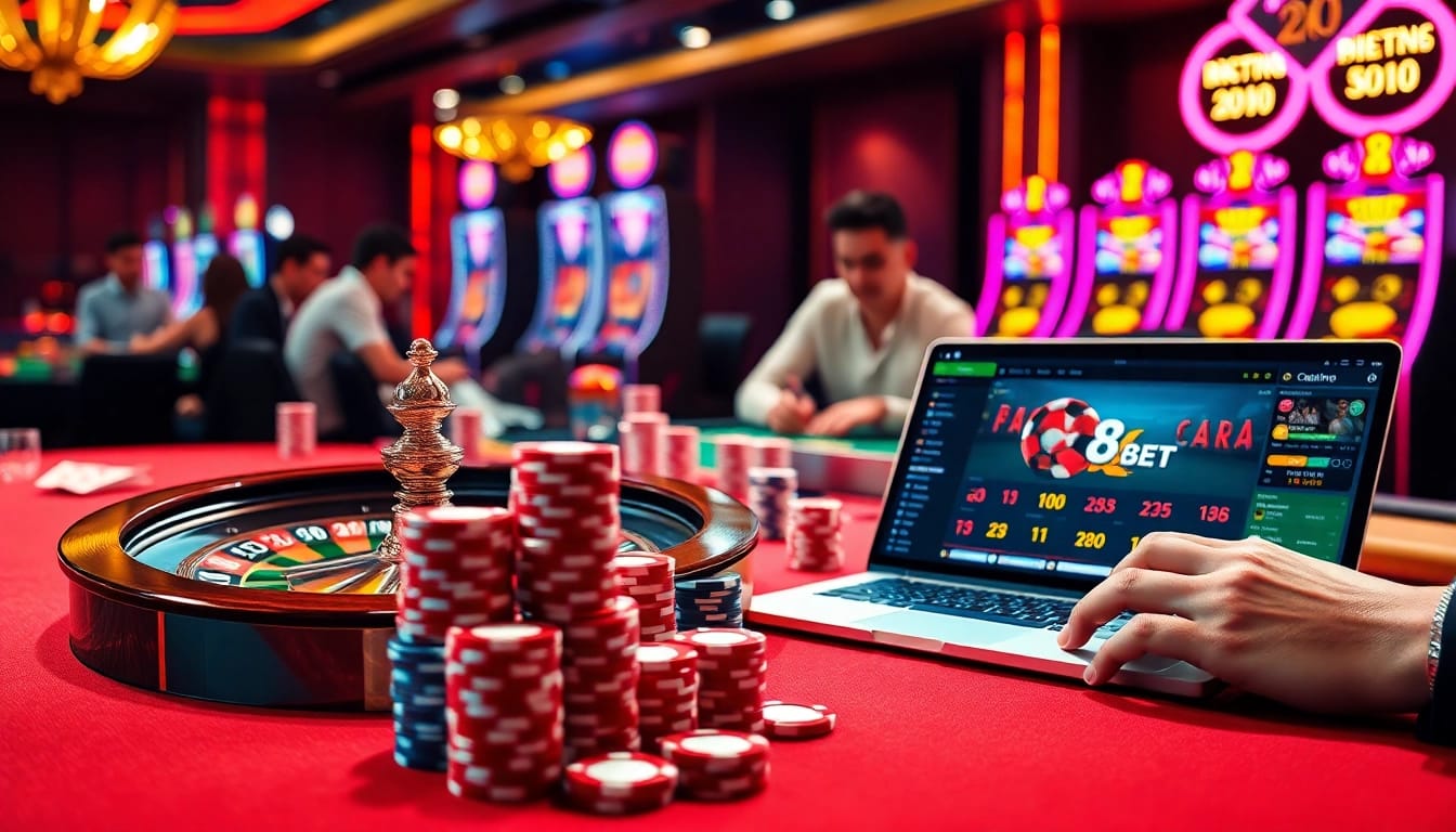 The excitement of placing bets at nhà cái 8kbet with a luxurious casino atmosphere filled with poker chips and games.