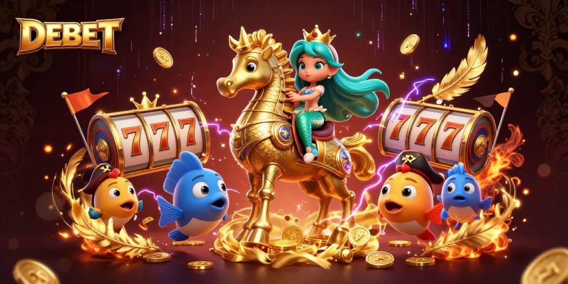 Experience DEBET with vibrant mermaid-themed slots, golden seahorse, and colorful fish companions.