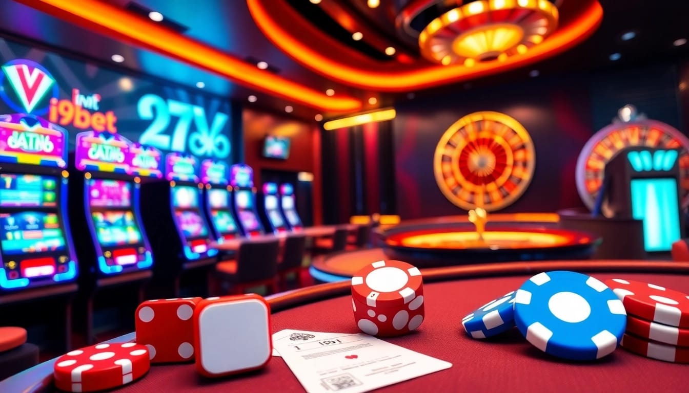 An exciting scene of i9bet's online casino with vibrant slot machines, poker chips, and betting slips.