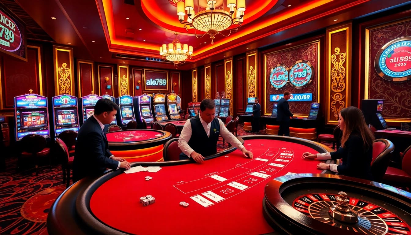 Players enjoying a thrilling game at alo789 casino, featuring an elegant poker table and vibrant slot machines.