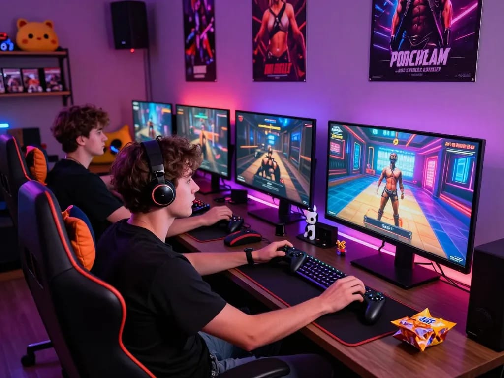 Players enjoying immersive porn games in a vibrant gaming setup with dynamic scenes and interactive accessories.