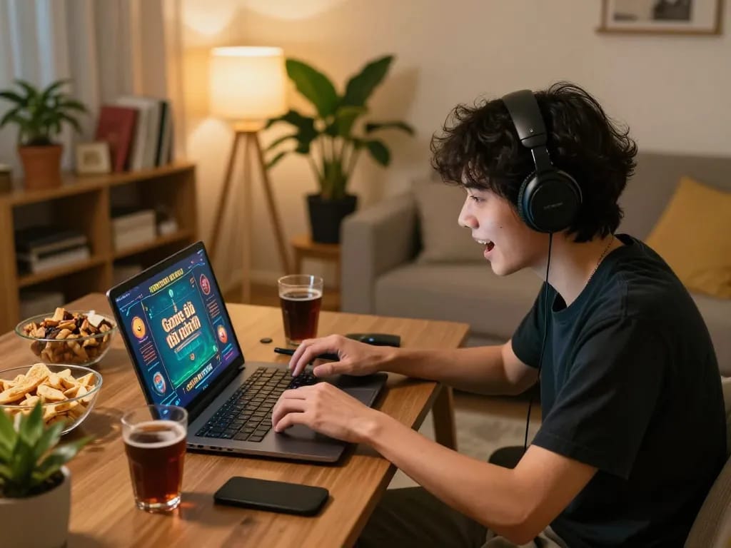 Engaged player enjoying Game bài đổi thưởng on laptop in warm home setting