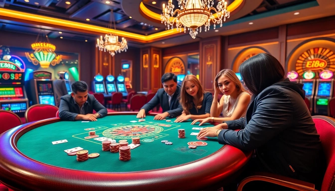Players enjoying a thrilling game at Ee88 casino, surrounded by vibrant tables, cards, and chips.