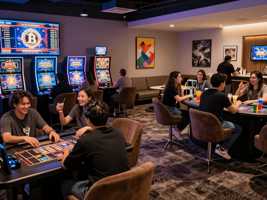 Exciting crypto casino gaming scene with diverse players enjoying digital slots and cocktails.