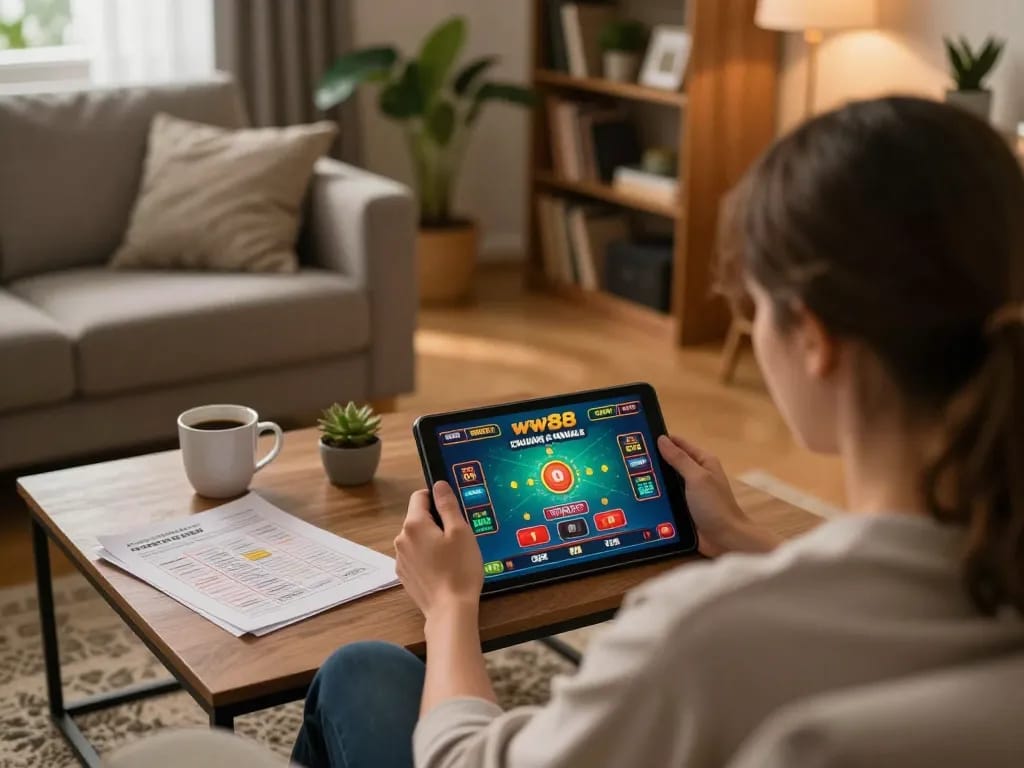 Engaged player enjoying a ww88 online casino game at home, showcasing a relaxed atmosphere.