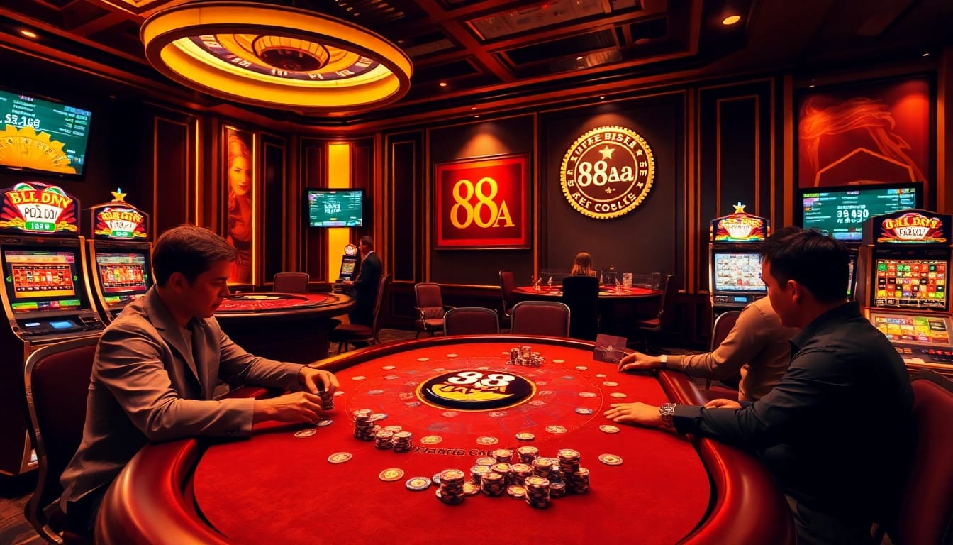 Players enjoying a game at 88AA casino with luxurious tables and vibrant slot machines.