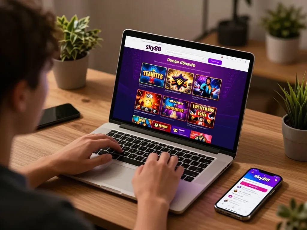 Engaging with Sky88 đăng nhập on a laptop at home, blending gaming excitement with a cozy environment.