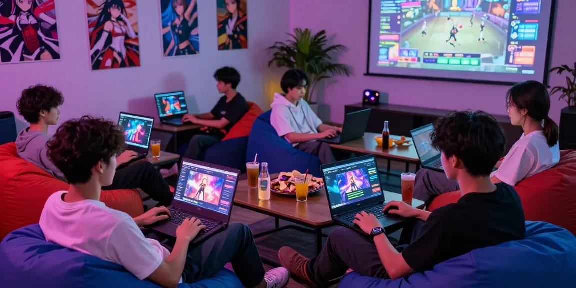 Group enjoying interactive hentai games html in a vibrant gaming lounge.