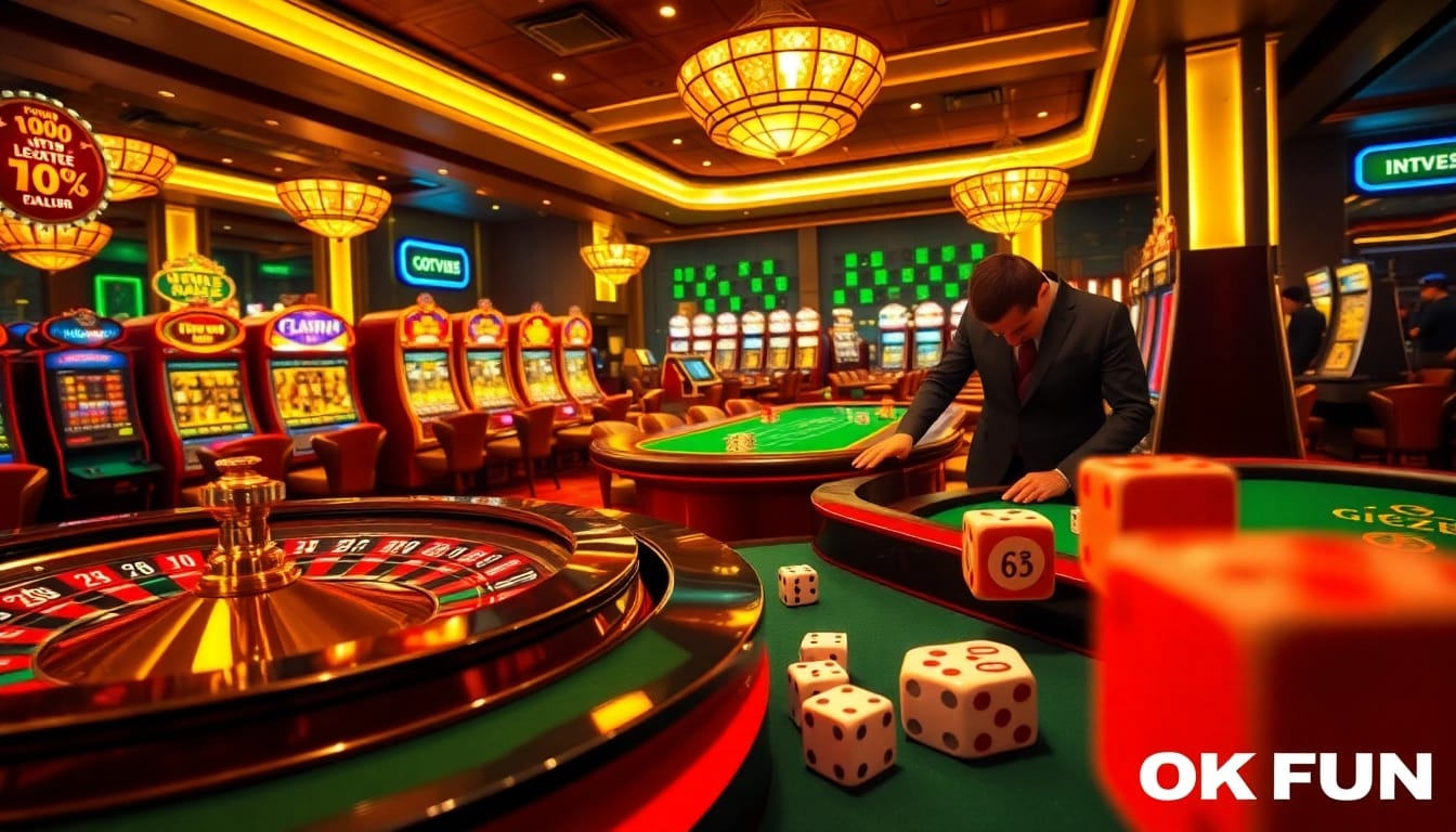 Players enjoying a thrilling casino experience at OKFUN, featuring vibrant slot machines and poker tables.