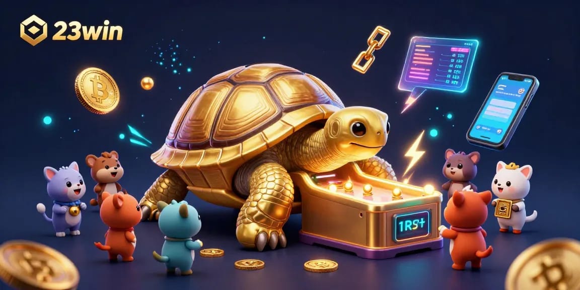 Experience the excitement of 23win with a vibrant 3D illustration showcasing a game-filled pinball tortoise, perfect for bettors.