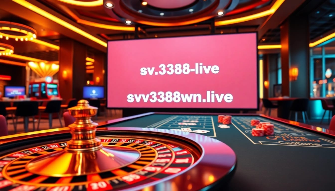 Experience the thrill of online gambling at https://sv388win.live with a vibrant casino scene featuring poker chips and a roulette wheel.
