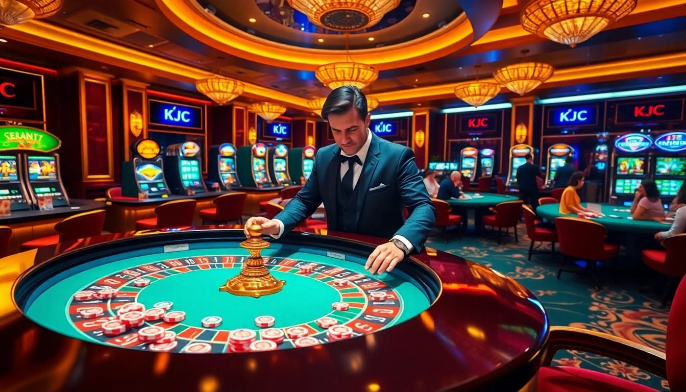 KJC engaging players with a vibrant roulette table in a luxurious casino setting.