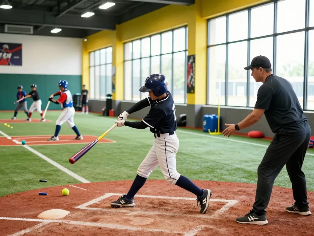 Young athlete training at Hitclub baseball facility, practicing hitting techniques with coach in bright indoor environment.