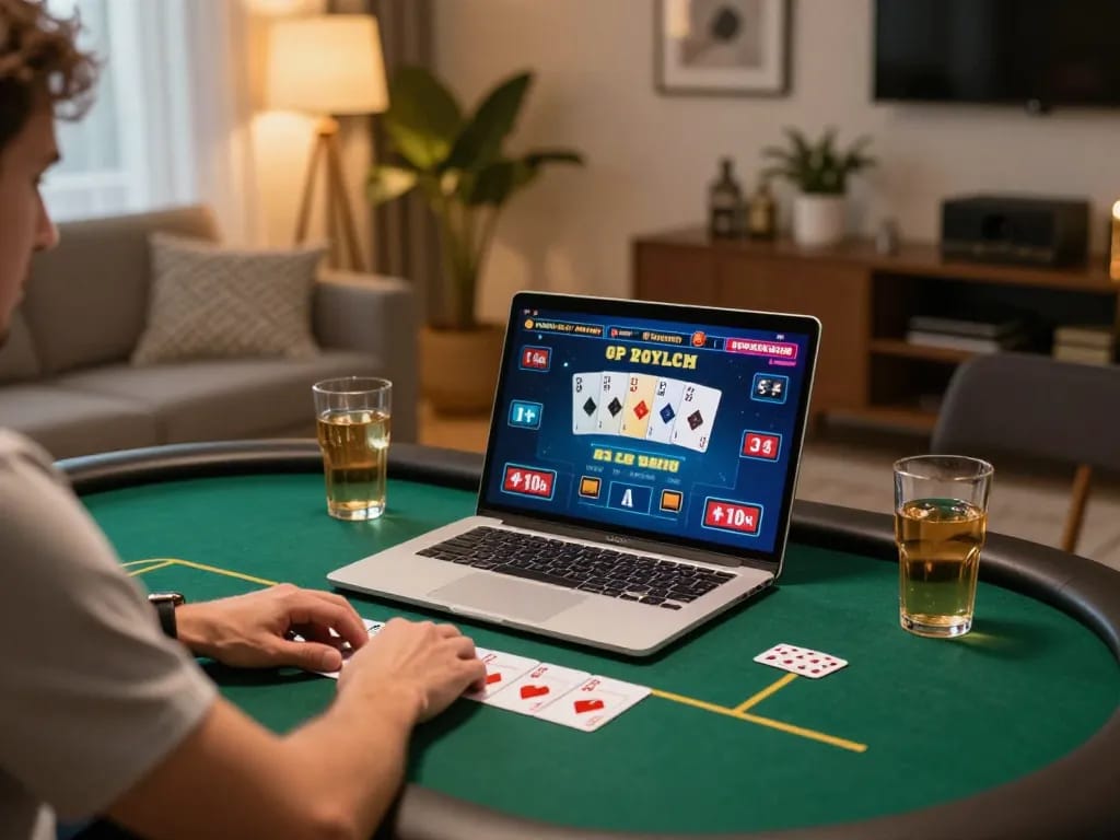 b52club player enjoying online poker game on a laptop in a cozy home setting.