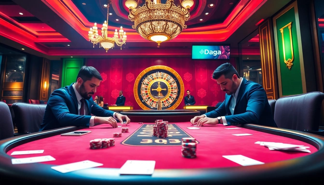 Daga poker players engaged at a high-stakes table in a vibrant casino atmosphere.
