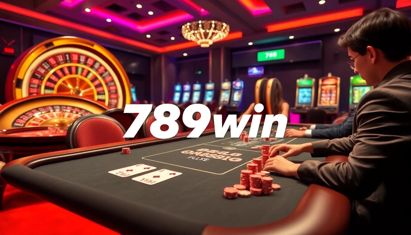 Experience thrilling gameplay at 789win with a luxurious casino atmosphere featuring poker and slot machines.