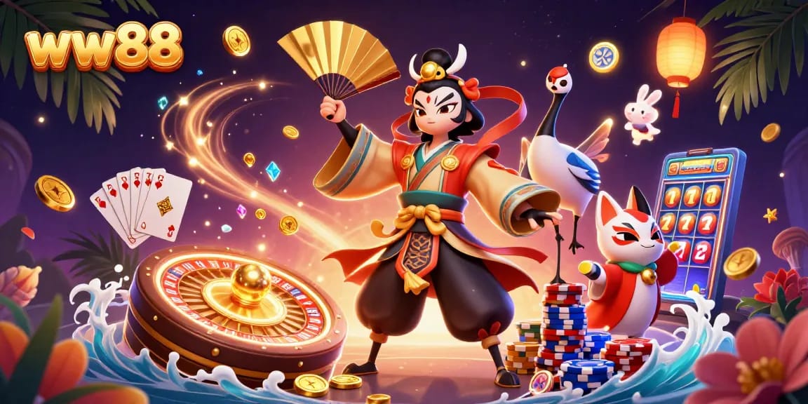Players enjoy thrilling games at ww88, featuring stunning visuals of a lively casino environment.