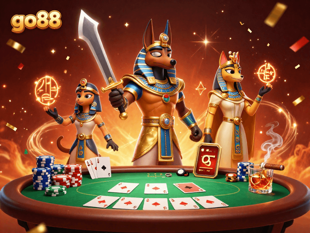 Engage with go88's vibrant casino scene showcasing an ancient Egyptian warrior and cat amidst poker elements.