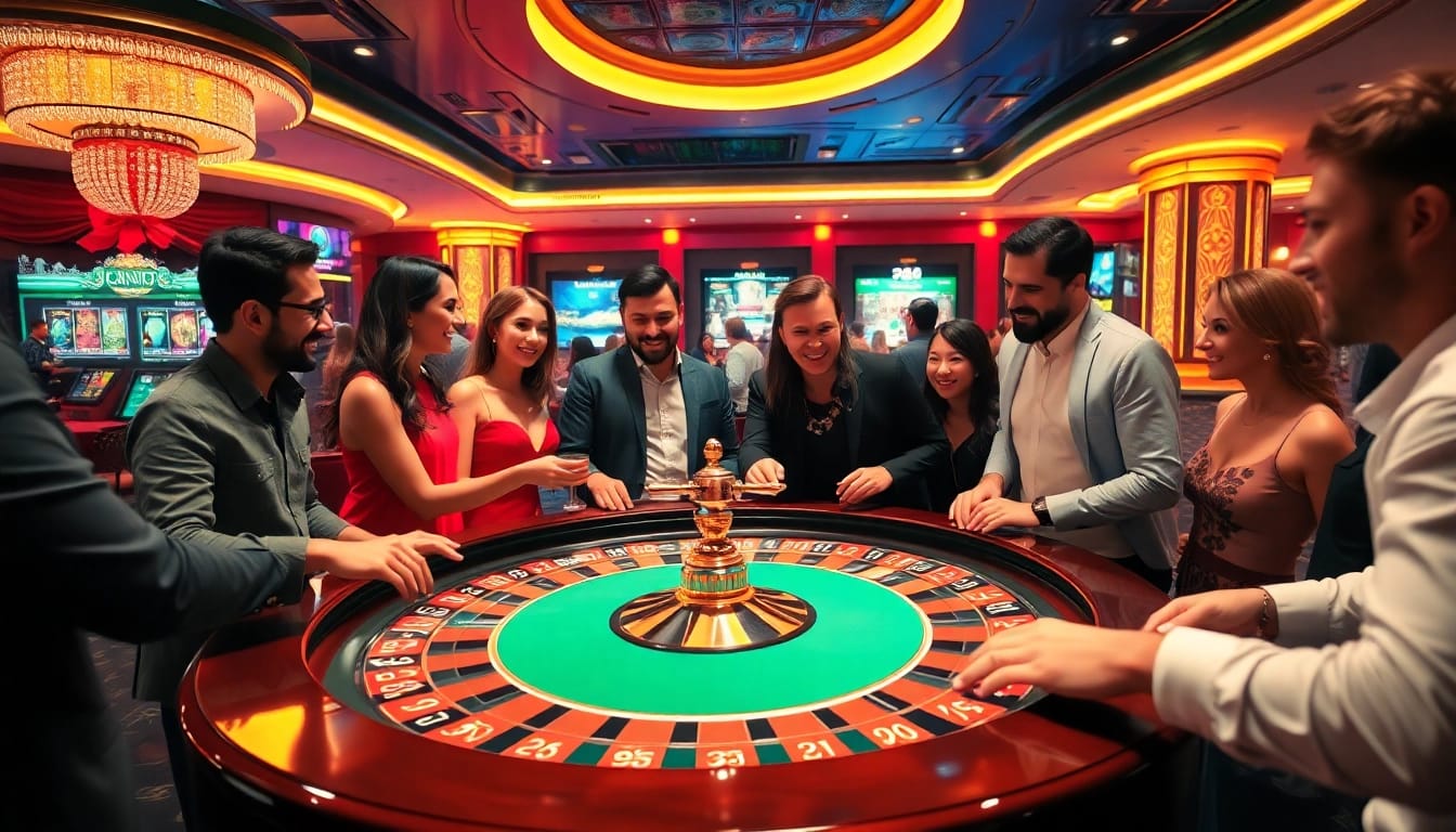 Experience the thrill of gambling with nhà cái u888 at an elegant roulette table surrounded by enthusiastic players.