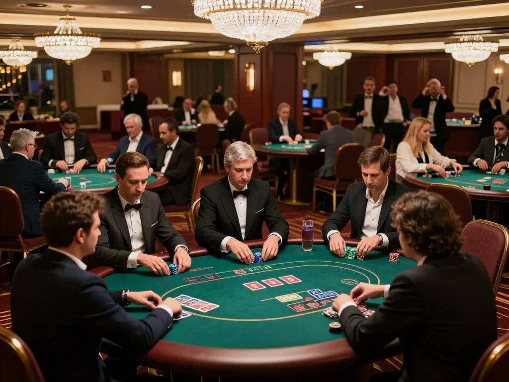 TR88 high-stakes poker room with intense gameplay, professional dealers, and elegant decor