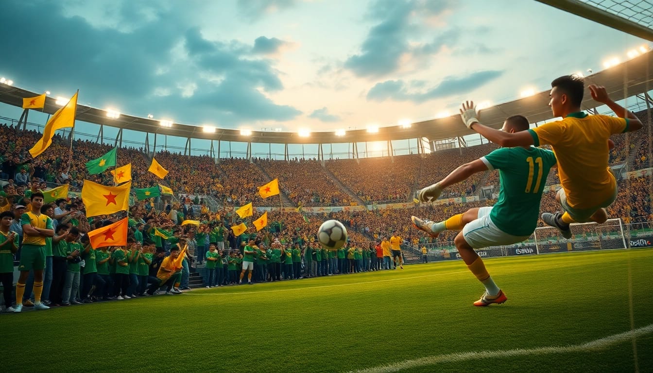 Xem bóng đá hôm nay in an electrifying soccer match atmosphere with fans, players, and vibrant colors.