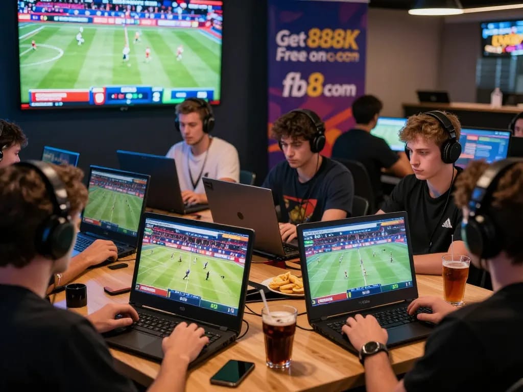 Diverse players engaging on betting platforms at the fb88 com gaming lounge, surrounded by sports events and promotional banners.