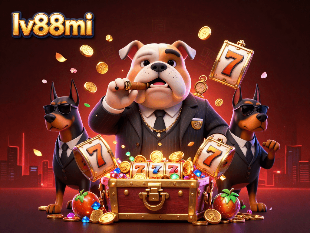 Experience exciting gameplay with lv88mi as a cartoon mafia boss and bodyguard Dobermans amidst slot reels and treasures.