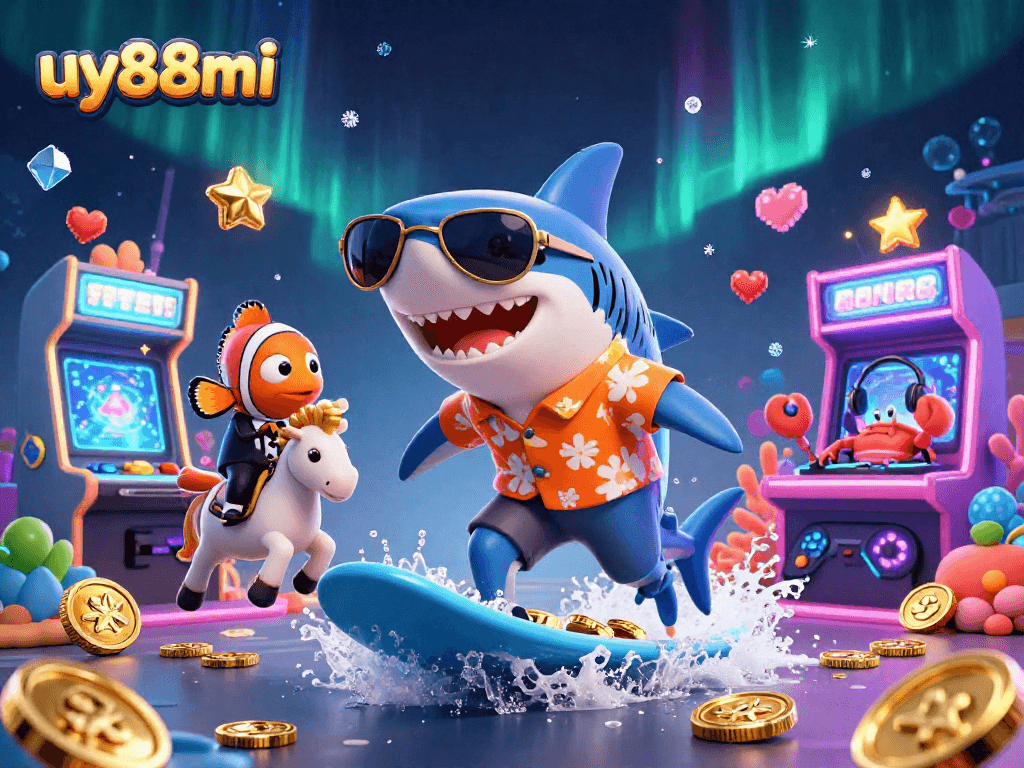 Experience the thrill of winning with uy88mi's vibrant gambling scene featuring a playful shark!