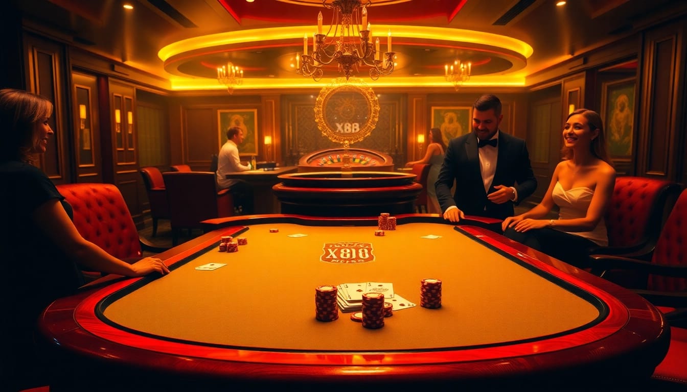 Engaged gamblers at the X88 poker table in a luxurious casino setting.