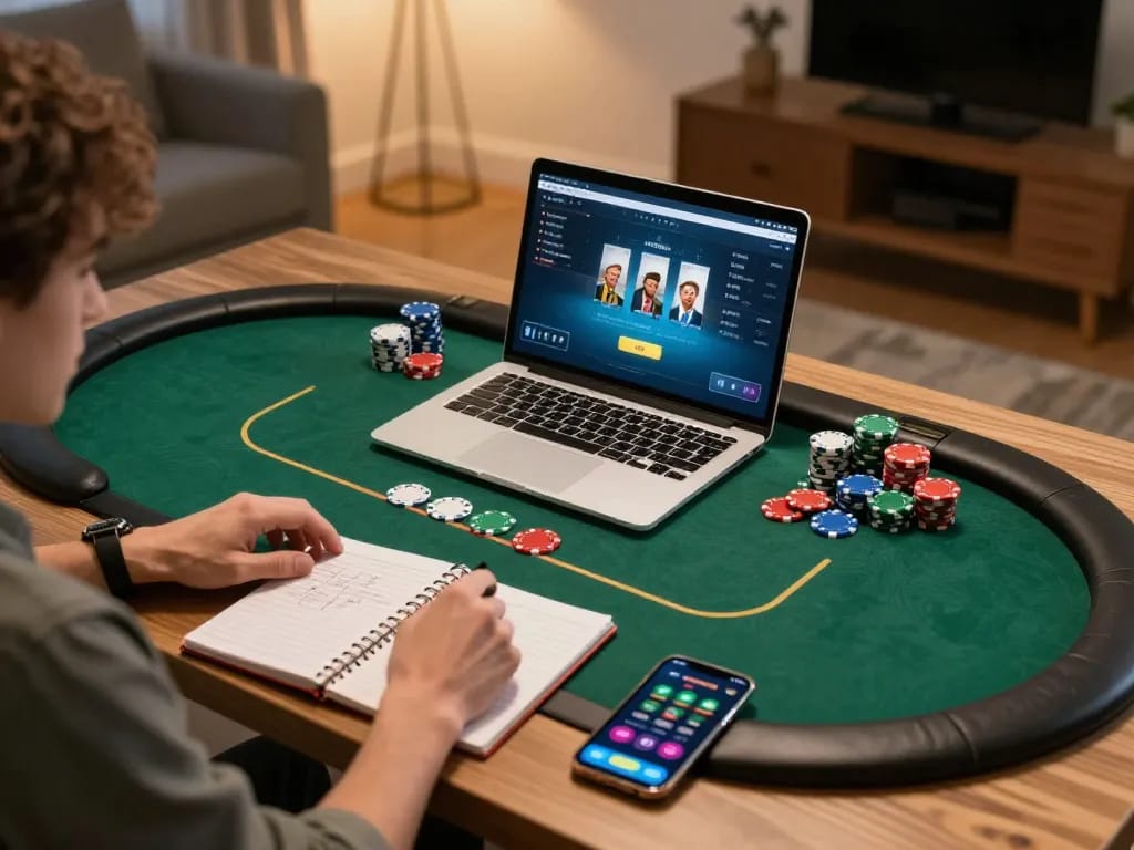 Engaging with 789win com during an exciting home poker game setup with vibrant chips and strategy notes