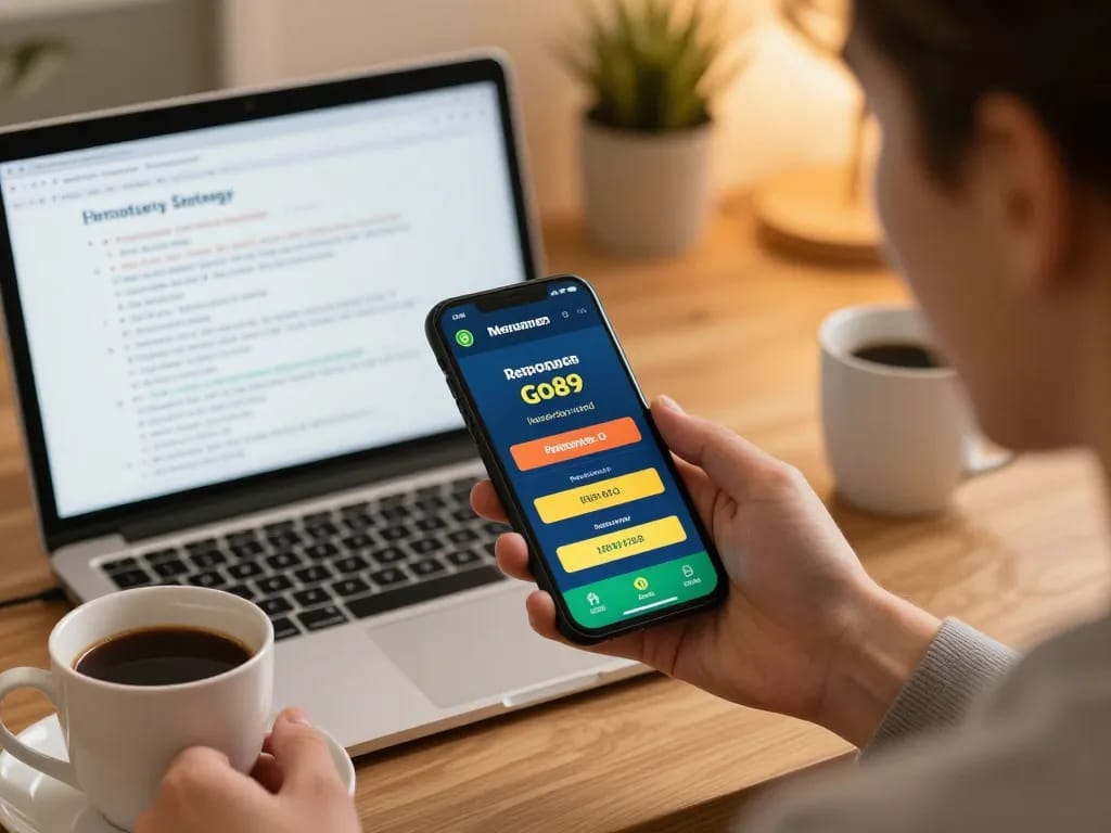 Exciting user engaged with go89 casino app on mobile, strategizing bets comfortably at home.