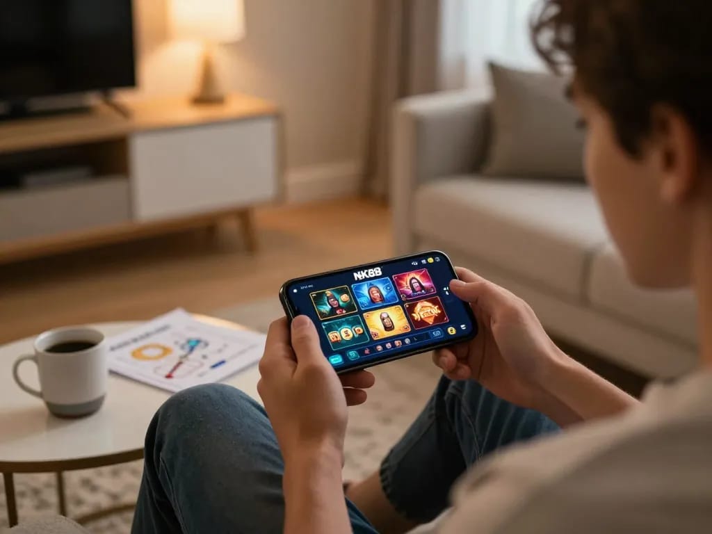 Player engaging in online gaming at home, exploring the NK88 casino app for immersive gambling experience.