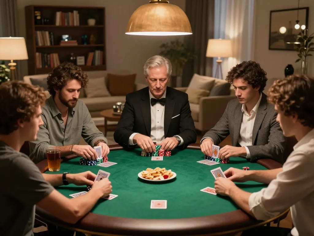 Friends playing poker at home; five88 highlights social gambling strategies and competitive fun.