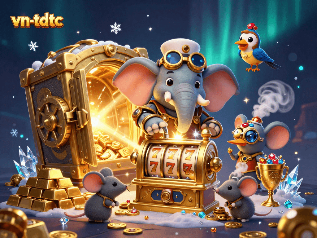 Spin the golden slot machine with vn-tdtc's whimsical steampunk engineer amidst treasure vaults and dazzling gems.