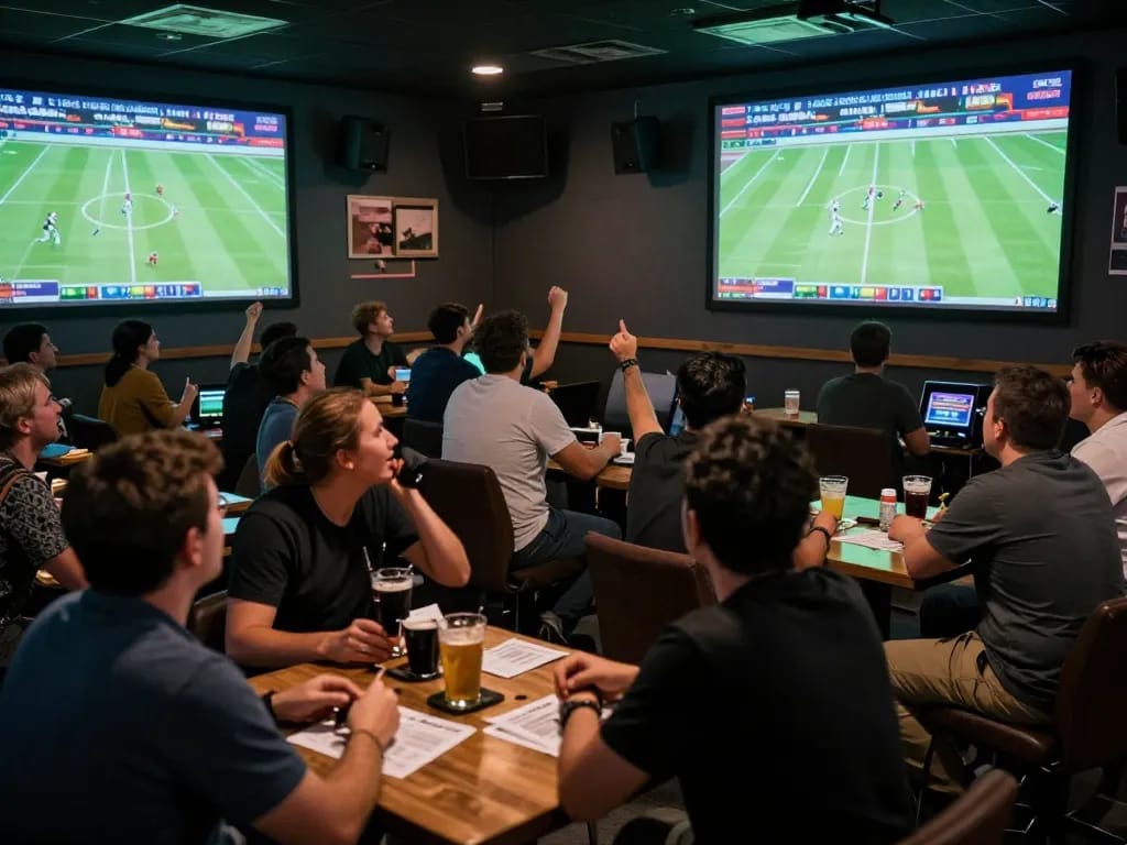 Kết quả bóng đá being analyzed by fans placing bets in an energetic sports bar atmosphere