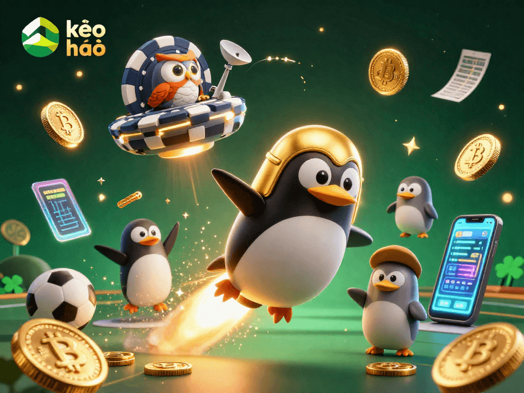 Bet on kèo nhà cái with a golden penguin racing towards a casino in a dynamic digital scene.