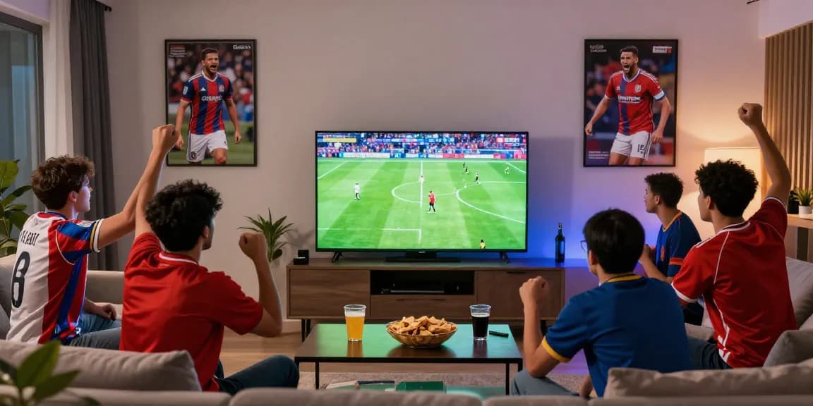 Cakhia xem bong da experience with fans cheering in a lively living room during a football match.