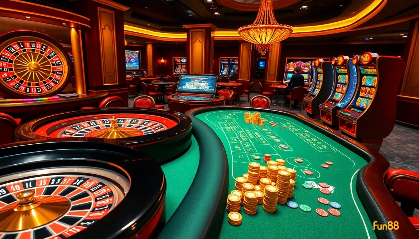 Engaging Fun88 gamblers in an exciting online casino environment with roulette and poker.