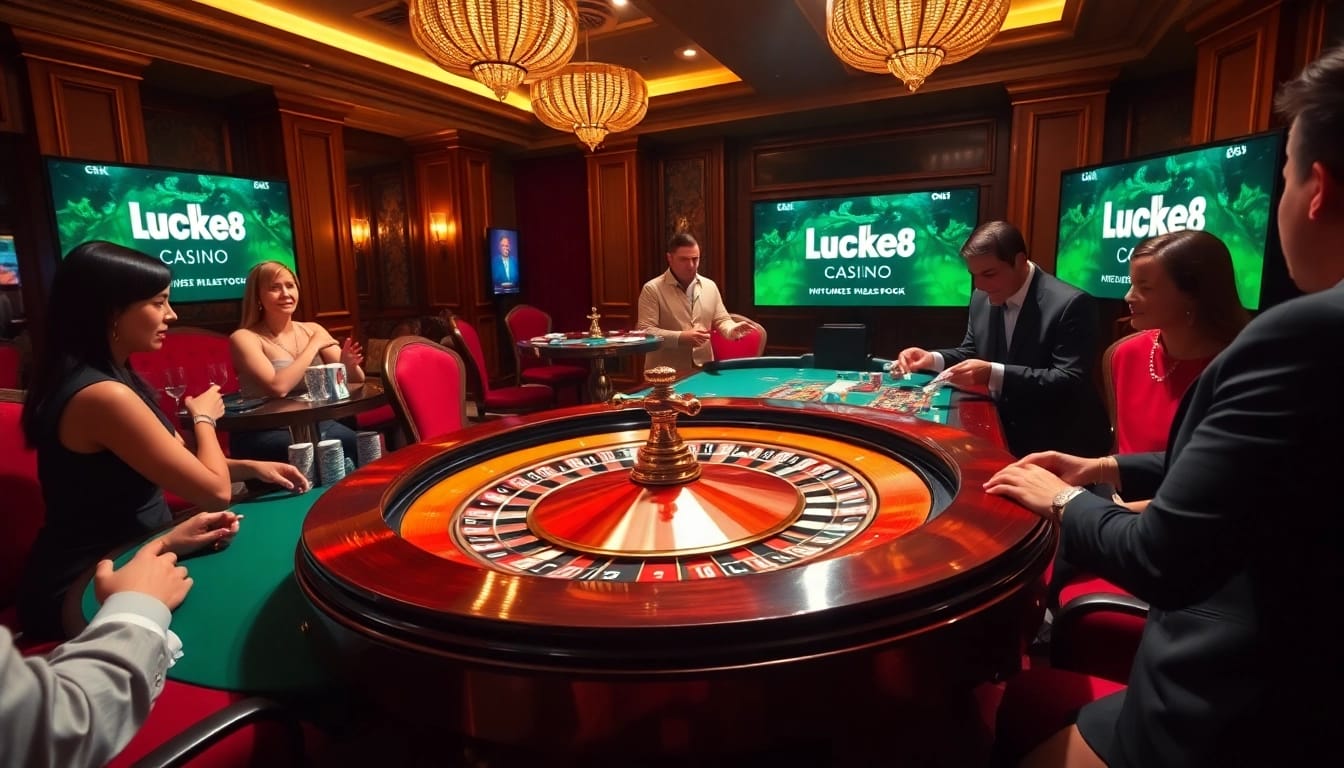 Experience the thrill of gaming at luck8.com with vibrant casino scenes featuring roulette and poker excitement.