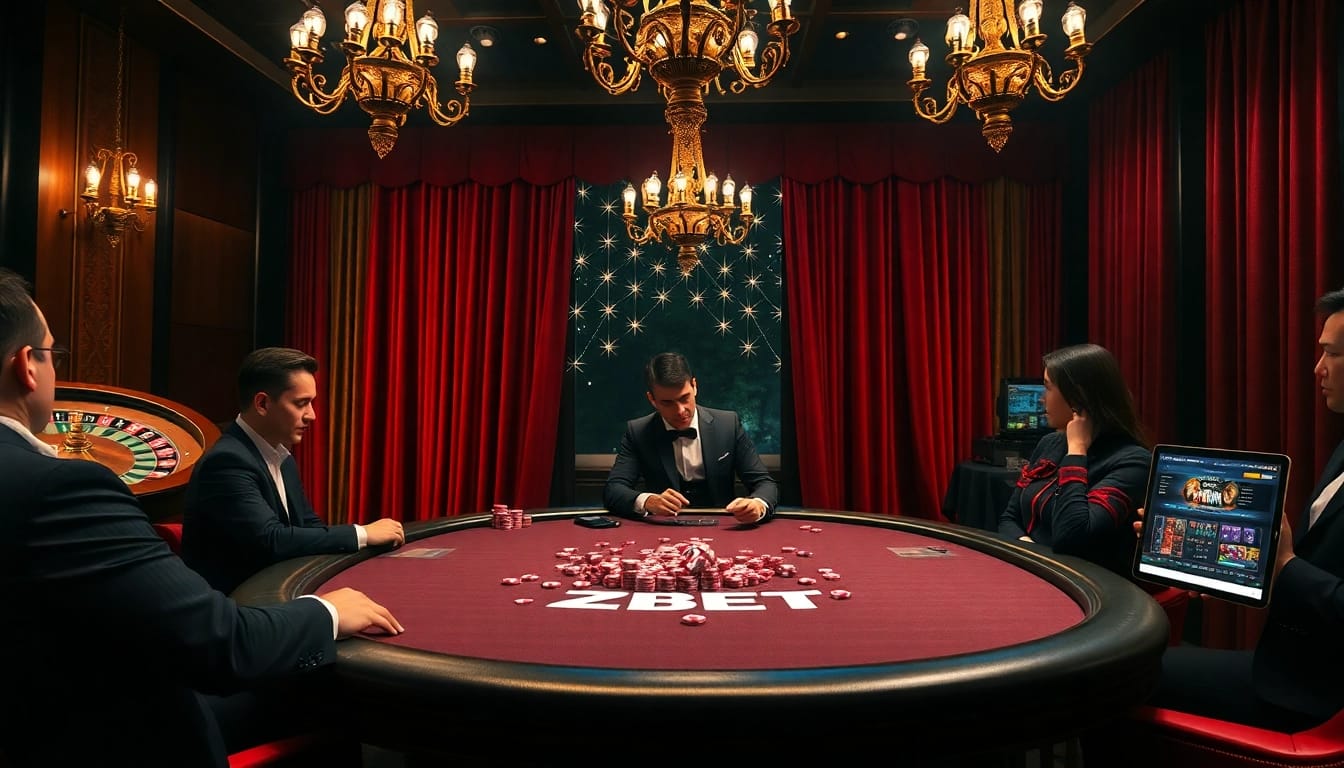 ZBET poker table scene with players immersed in a thrilling casino atmosphere.