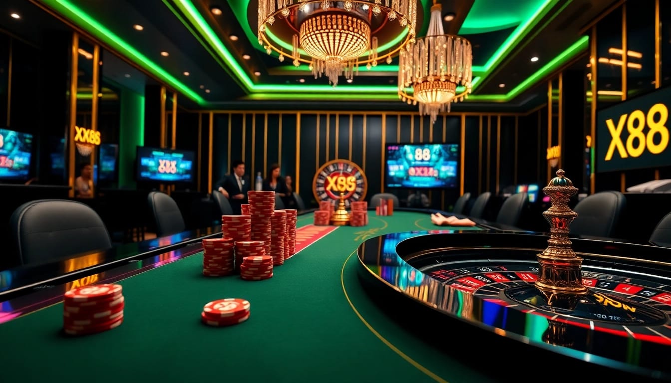 XX 88 casino scene showcasing vibrant gambling atmosphere with poker chips and digital games.