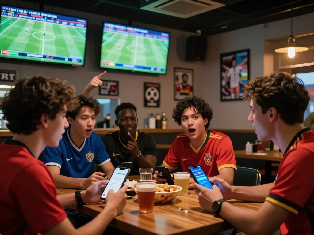 Friends engaged in nhân định kèo discussion during live football matches in a vibrant sports bar.