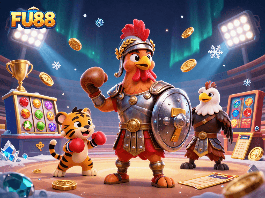 Experience thrilling slots action with FU88 in an epic 3D cartoon scene showcasing vibrant games.