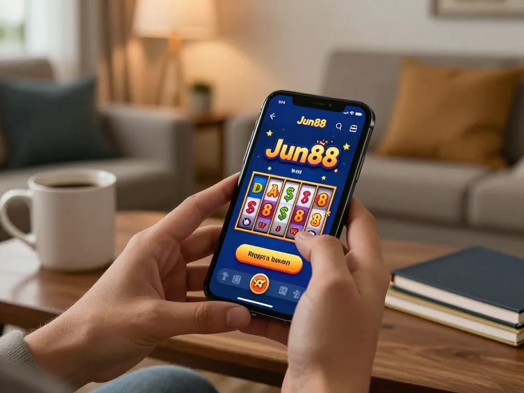 Engaging mobile gameplay on jun88 app showcases slot machine win in a cozy home setting.