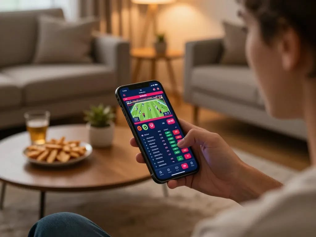 Person engaging in sports betting with the N88 app, showcasing live odds and match details.
