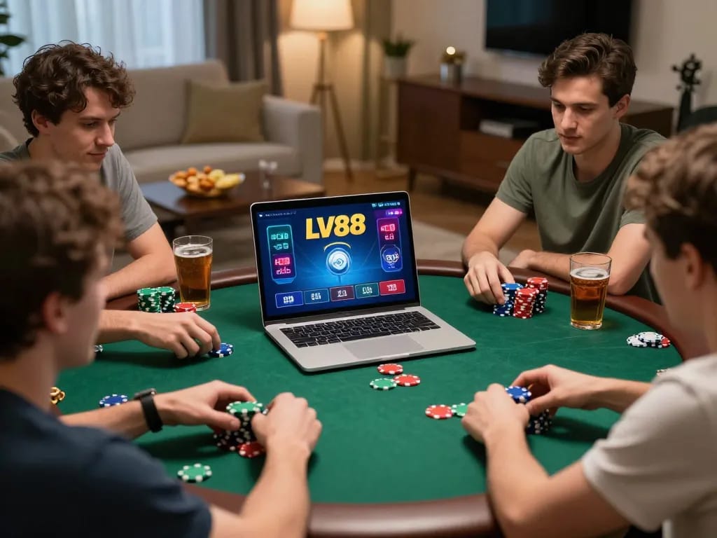 Players strategizing at home while enjoying online poker on LV88, capturing the excitement of digital gaming.